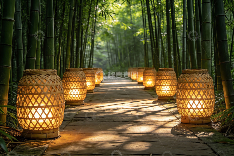 高清大图下载【趣麦麦图】竹林小径灯笼光影
