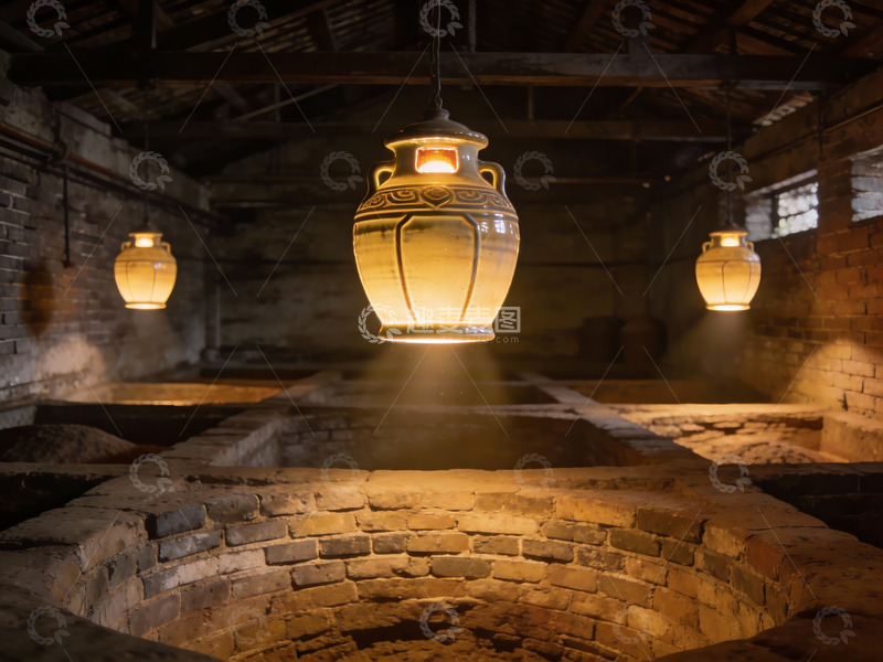 高清大图下载【趣麦麦图】古朴砖房内悬挂陶罐灯