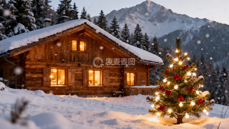 高清大图下载【趣麦麦图】雪夜木屋与圣诞树