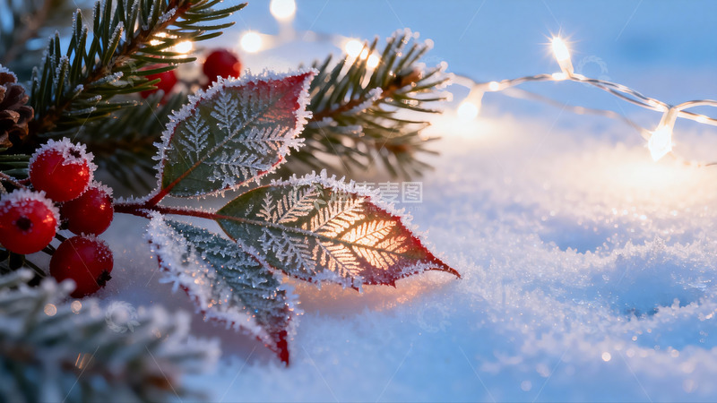 高清大图下载【趣麦麦图】雪地红果与冰霜绿叶