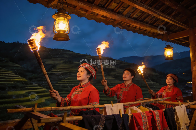 高清大图下载【趣麦麦图】身着民族服饰手持火把的夜晚
