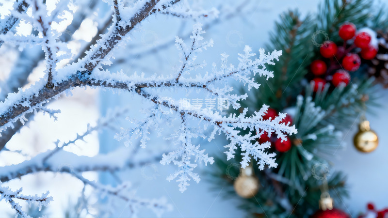 高清大图下载【趣麦麦图】雪覆枝头与圣诞装饰