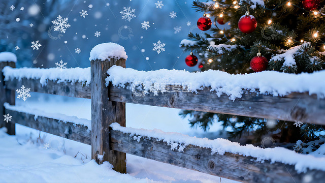 雪中圣诞树与木栅栏