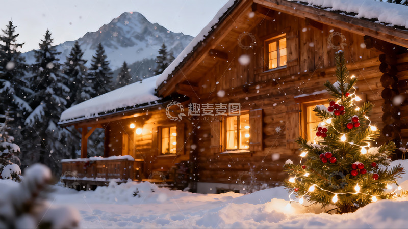高清大图下载【趣麦麦图】雪夜木屋与圣诞树