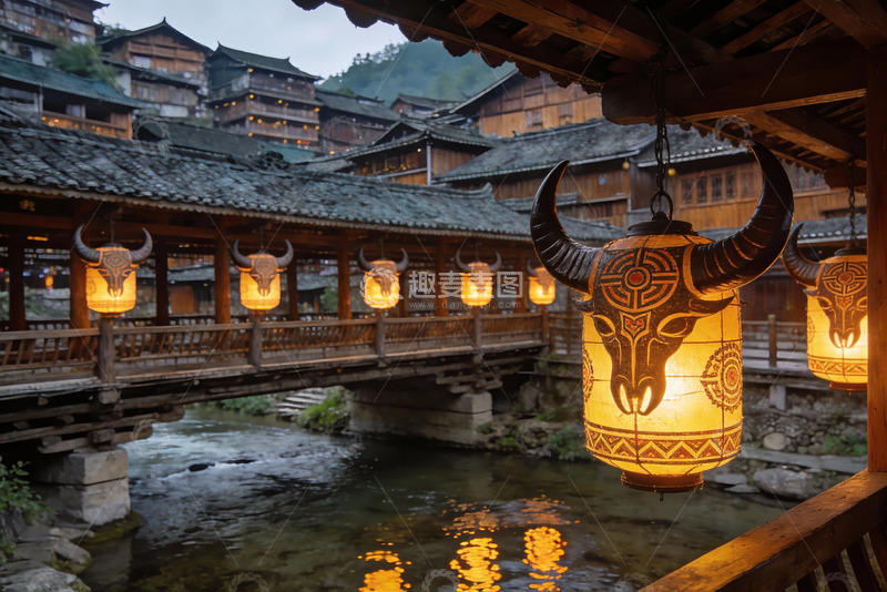 高清大图下载【趣麦麦图】古桥流水夜灯映衬传统村落