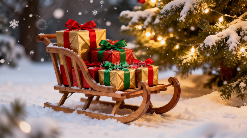 高清大图下载【趣麦麦图】雪地圣诞树旁的礼物雪橇