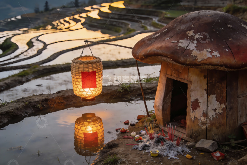 高清大图下载【趣麦麦图】梯田旁的灯笼与蘑菇屋
