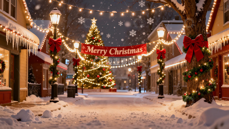 高清大图下载【趣麦麦图】雪夜圣诞街景灯光璀璨