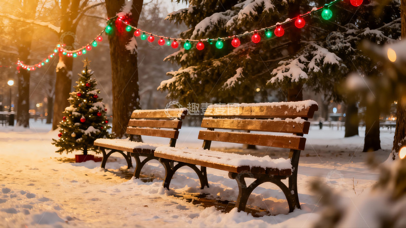 高清大图下载【趣麦麦图】雪夜公园圣诞灯饰长椅