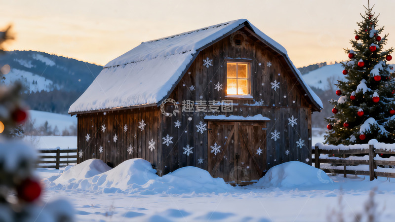 高清大图下载【趣麦麦图】雪夜木屋与圣诞树