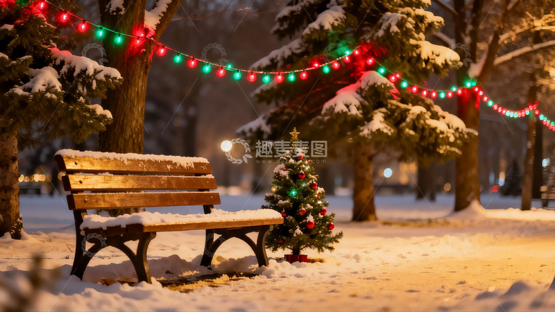 高清大图下载【趣麦麦图】雪夜公园圣诞灯饰长椅
