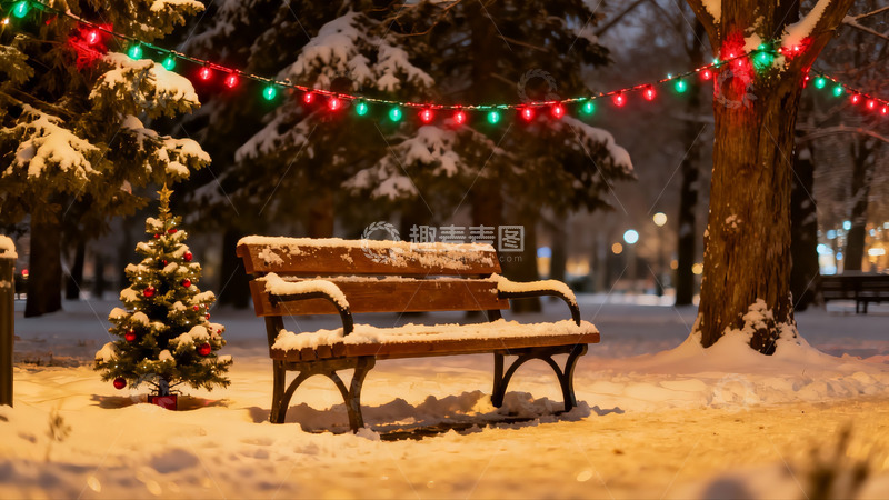 高清大图下载【趣麦麦图】雪夜公园长椅与圣诞树