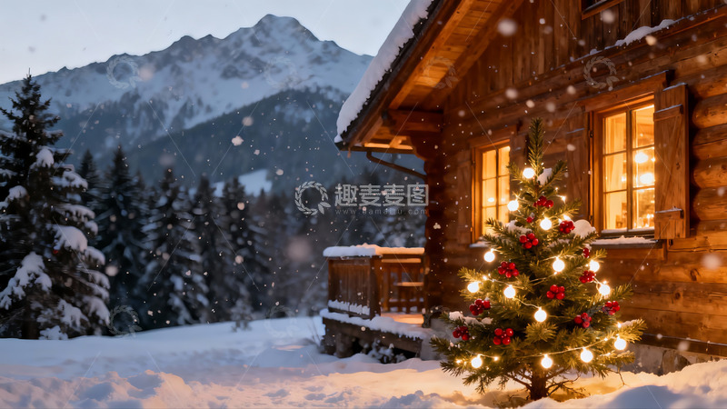 高清大图下载【趣麦麦图】雪夜木屋圣诞树