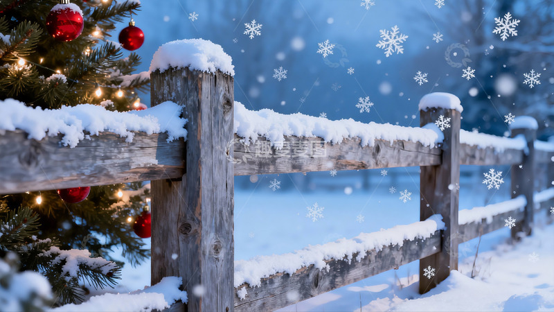 高清大图下载【趣麦麦图】雪中圣诞树与木栅栏