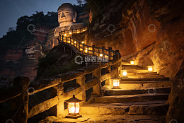 夜色中石阶通向巨大佛像