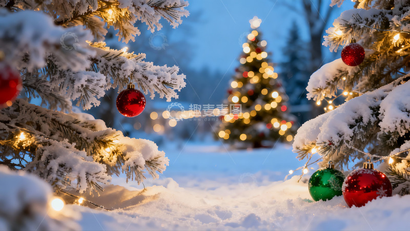 高清大图下载【趣麦麦图】雪夜圣诞树灯光闪烁