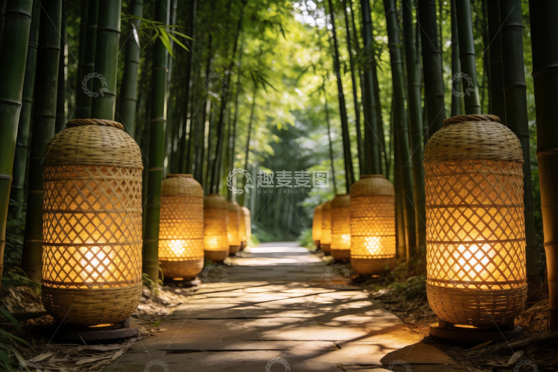 高清大图下载【趣麦麦图】竹林小径灯笼光影