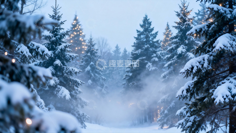 高清大图下载【趣麦麦图】雪夜松林灯火闪烁