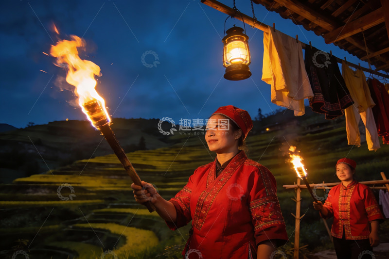 高清大图下载【趣麦麦图】身着红衣女子手持火把夜景
