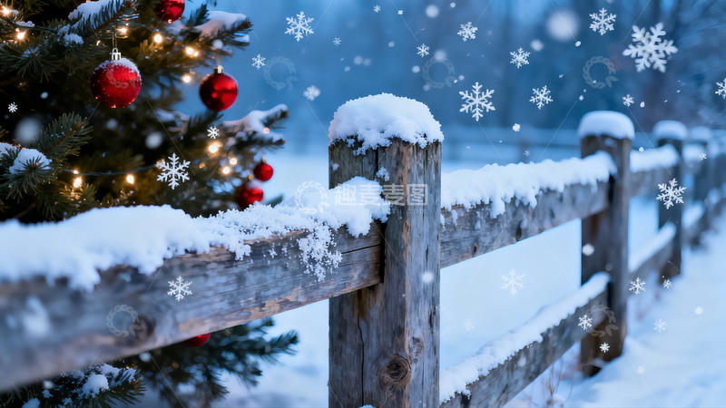 高清大图下载【趣麦麦图】雪中圣诞树与木栅栏