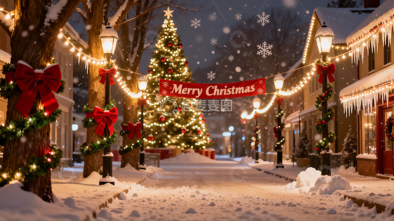 高清大图下载【趣麦麦图】雪夜圣诞街景灯光璀璨
