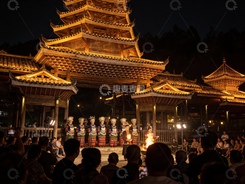 高清大图下载【趣麦麦图】夜幕下传统建筑前的民俗表演