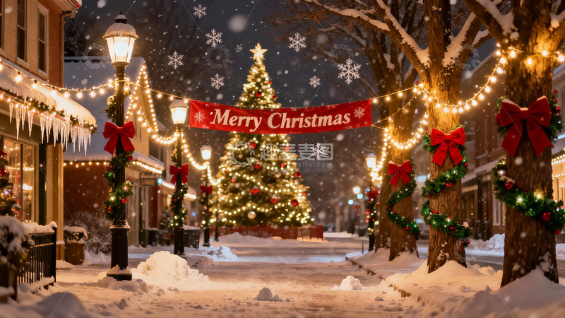 高清大图下载【趣麦麦图】雪夜圣诞街景灯光璀璨
