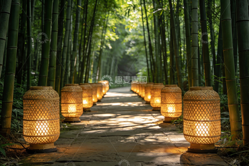 高清大图下载【趣麦麦图】竹林小径灯笼光影