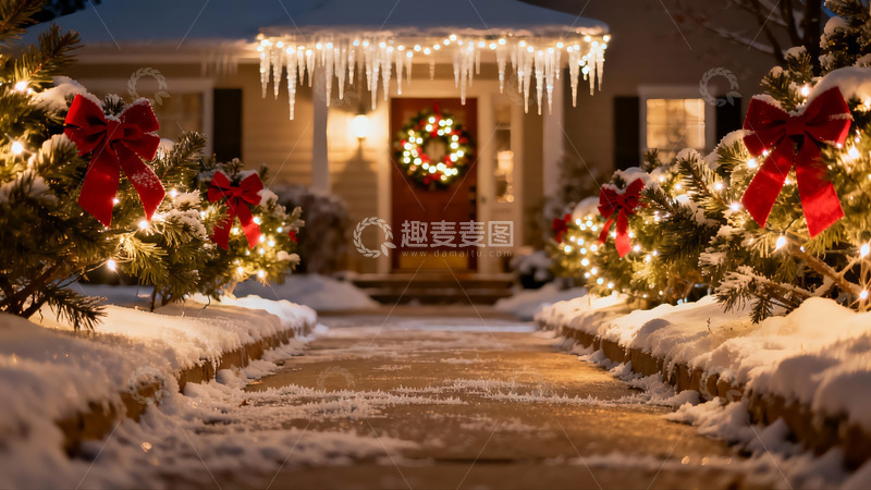 高清大图下载【趣麦麦图】雪夜圣诞门前灯火辉煌