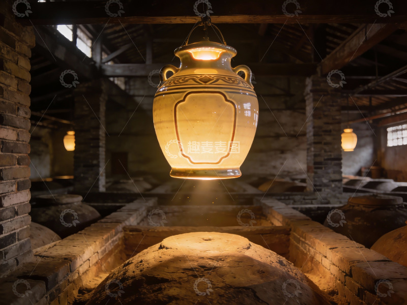 高清大图下载【趣麦麦图】古窑内悬挂陶罐灯光映照
