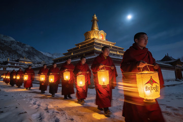 僧侣雪夜持灯行进仪式