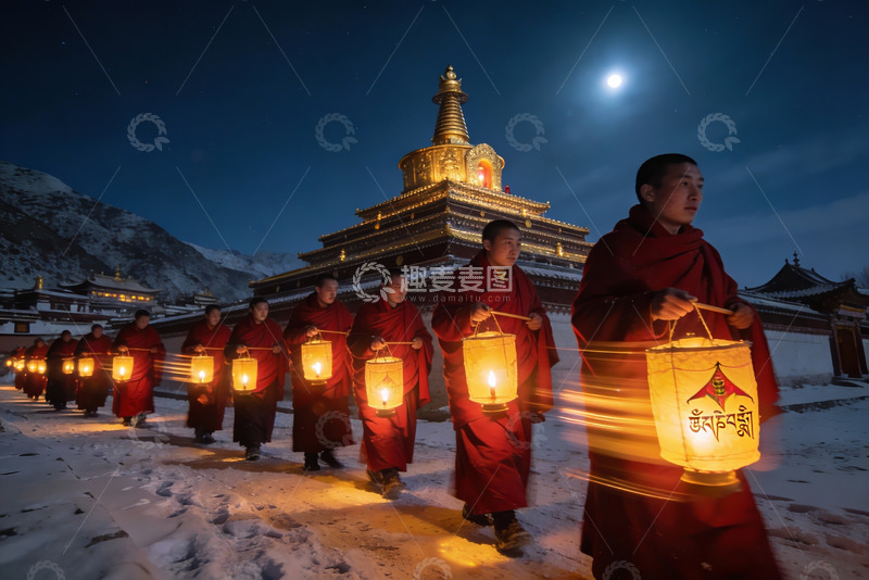 高清大图下载【趣麦麦图】僧侣雪夜持灯行进仪式