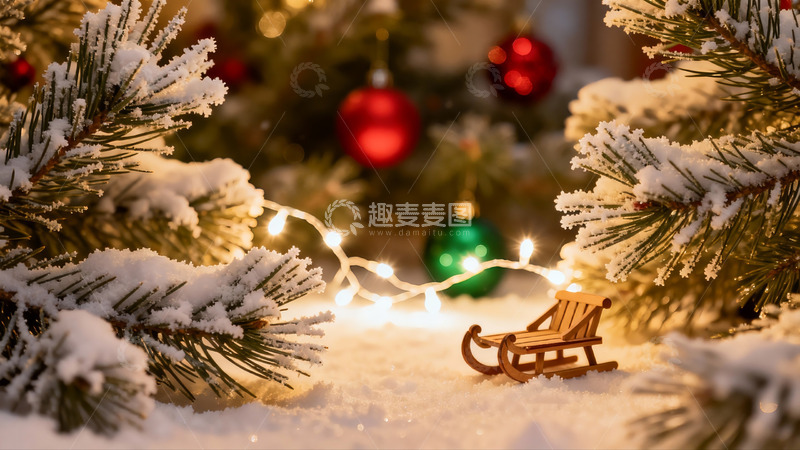 高清大图下载【趣麦麦图】雪覆松枝圣诞小椅温馨场景