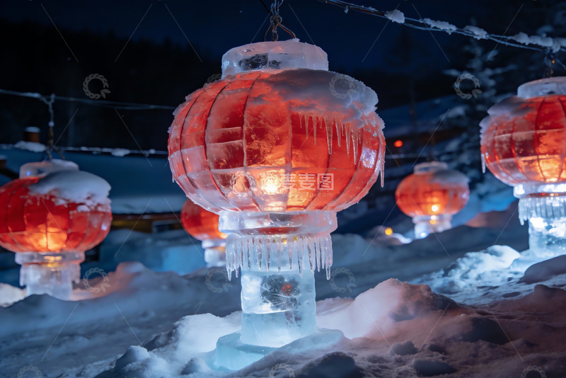 高清大图下载【趣麦麦图】雪夜冰灯笼光影美景