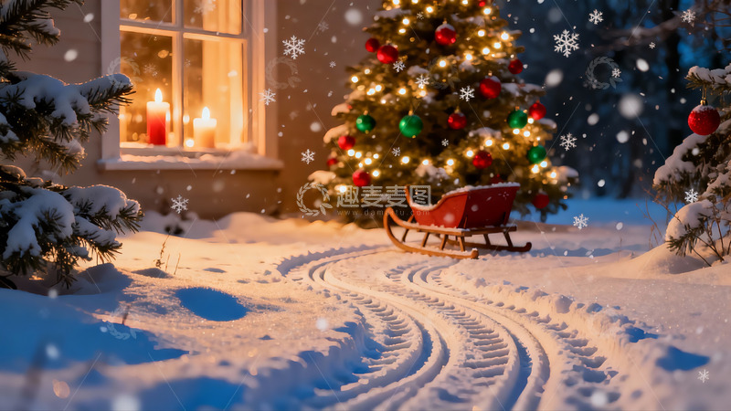 高清大图下载【趣麦麦图】雪夜圣诞树与温馨窗景