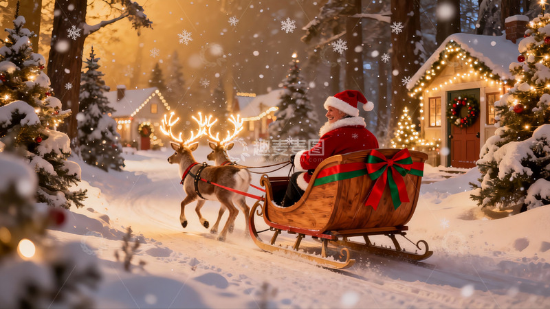 高清大图下载【趣麦麦图】圣诞老人雪橇鹿车雪景