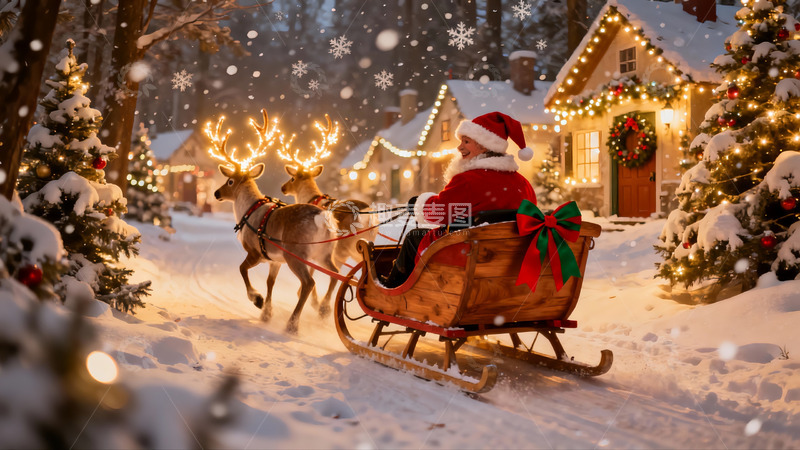 高清大图下载【趣麦麦图】圣诞老人雪橇飞驰雪夜