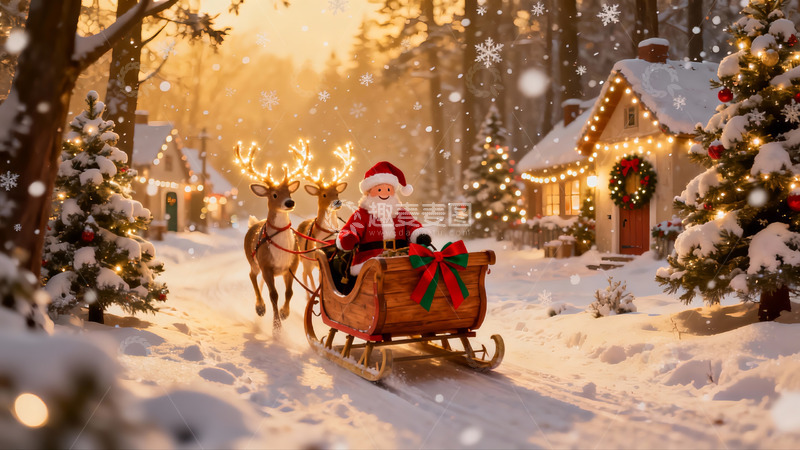 高清大图下载【趣麦麦图】圣诞老人雪橇飞驰雪夜森林