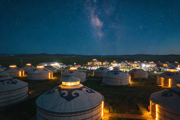 夜幕星空下的蒙古包群落