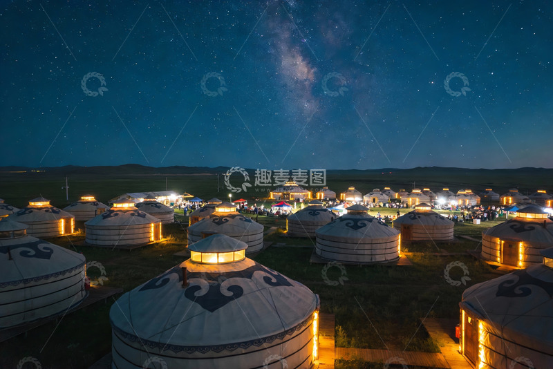 高清大图下载【趣麦麦图】夜幕星空下的蒙古包群落