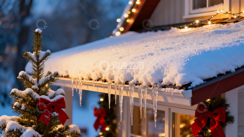 高清大图下载【趣麦麦图】雪夜房屋挂彩灯