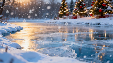 雪夜冰湖圣诞树