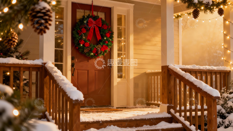 高清大图下载【趣麦麦图】雪夜圣诞门廊温馨场景