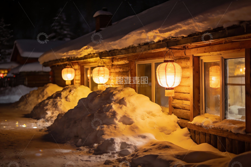 高清大图下载【趣麦麦图】雪夜木屋灯笼暖光