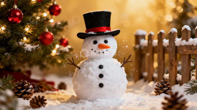 高清大图下载【趣麦麦图】雪人圣诞树前欢乐过节