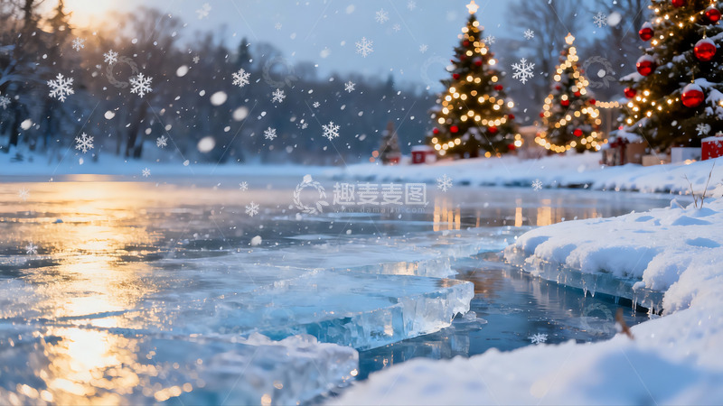 高清大图下载【趣麦麦图】冬日雪景冰湖圣诞树