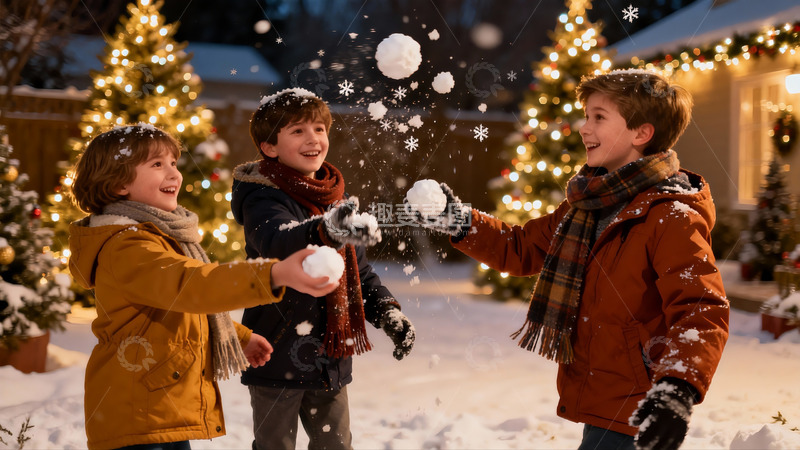高清大图下载【趣麦麦图】三个男孩雪地玩耍欢乐场景