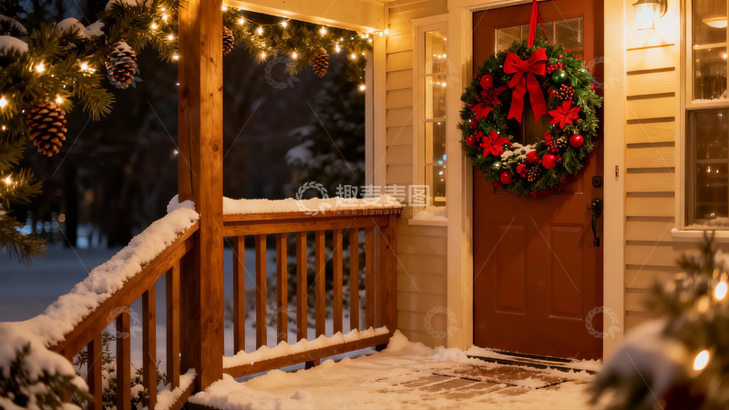 高清大图下载【趣麦麦图】雪夜圣诞门廊温馨装饰