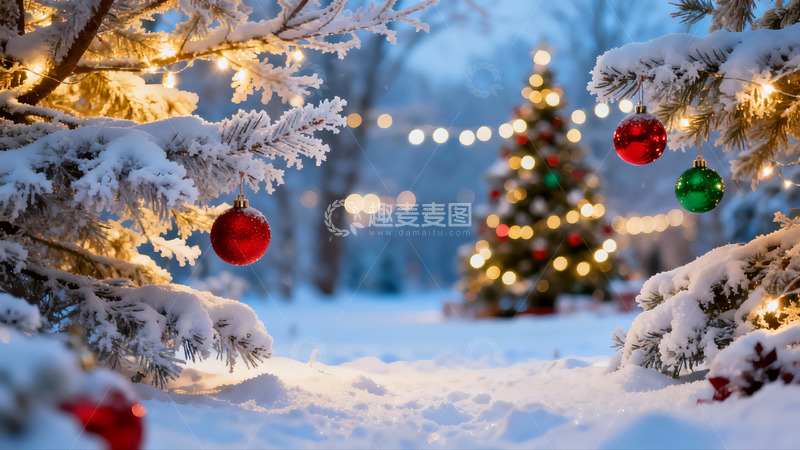 高清大图下载【趣麦麦图】雪夜圣诞树挂彩球