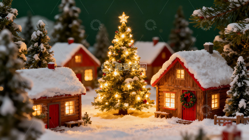 高清大图下载【趣麦麦图】雪夜圣诞小屋与亮灯圣诞树